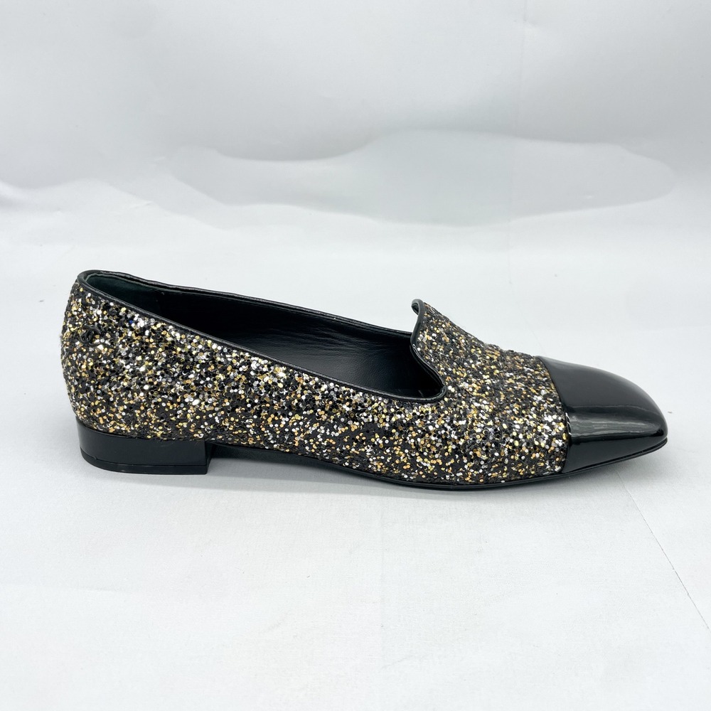 Chanel Womens 38.5 8.5 Glitter Loafers CC Black Gold Patent Leather Cap Toe Flat - Picture 2 of 9